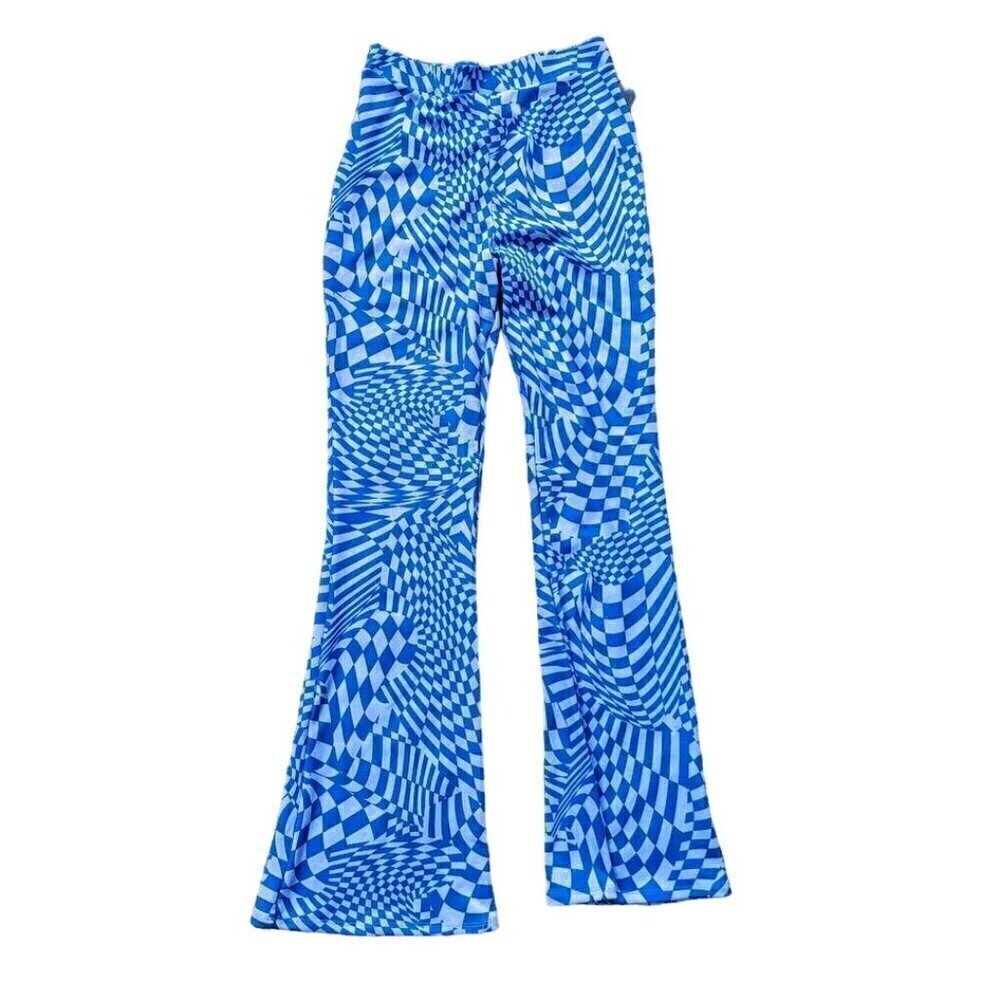 Psychedelic Pants Womens 70's Flare Bellbottom Groovy XS Checkered Blue NEW